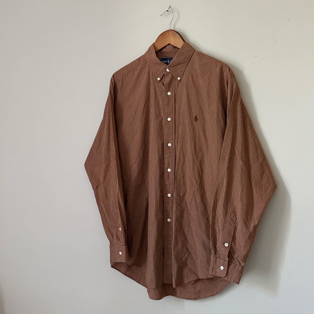 Vintage Ralph Lauren Blake Gingham Button Down Shirt Large Brown